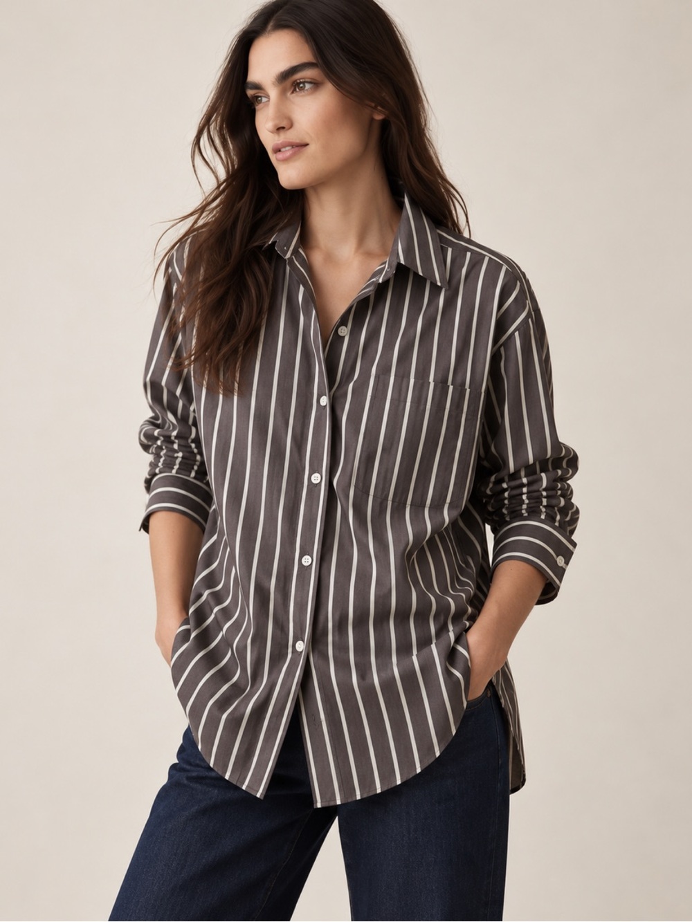 Banana Republic Dark Brown White Striped Button-Down Shirt Large NWT 100% Cotton